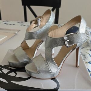 Nine West Metallic Silver Strappy Platform Heels with Buckle